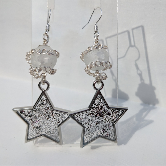 Quartz Crystal Silver Star Earrings Long Resin Handmade - Picture 5 of 8